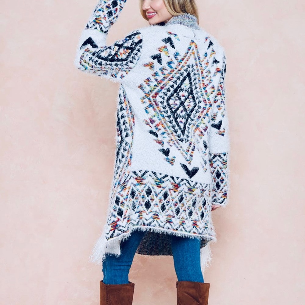 #19 Boho Aztec Long Sleeve Open Drape Front Cardigan Fringe detail - Picture 2 of 5